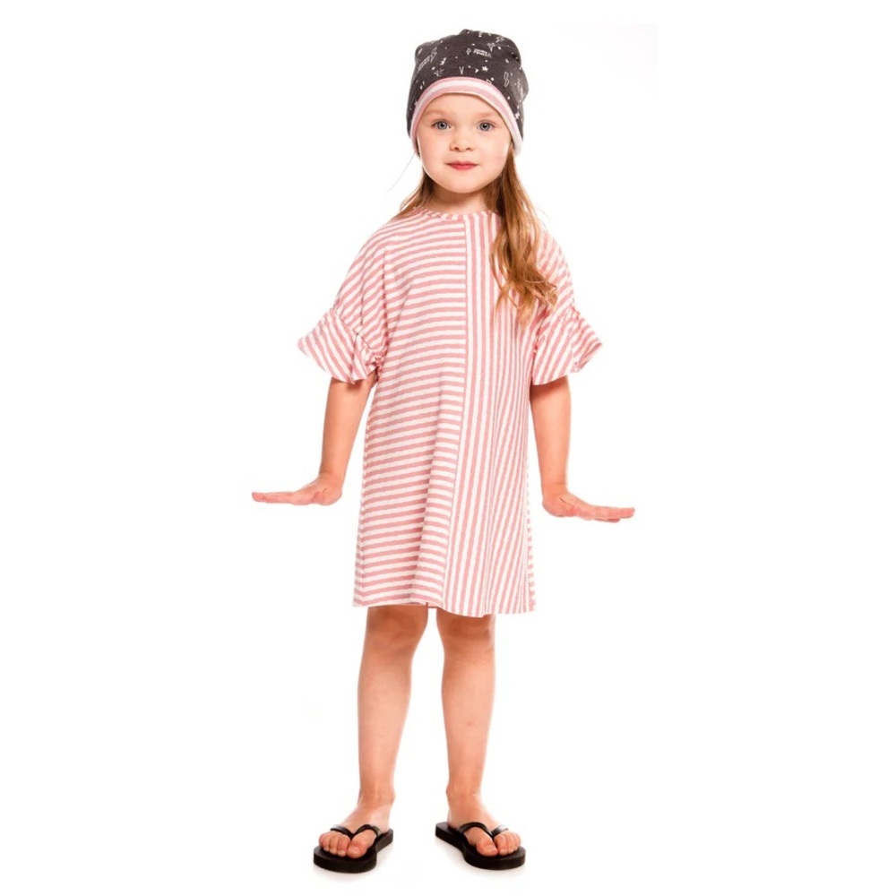 Deux par deux pink white striped oversized dress ruffle sleeves size 10 like new